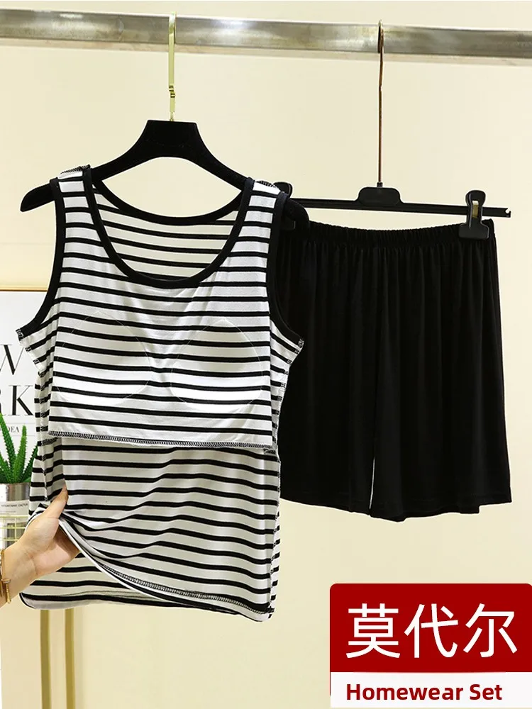

Women's Summer Cool Feeling Modal Thin Vest Shorts Set Home Clothes Sleepwear Large Size Chest Pad Breathable Lightweight