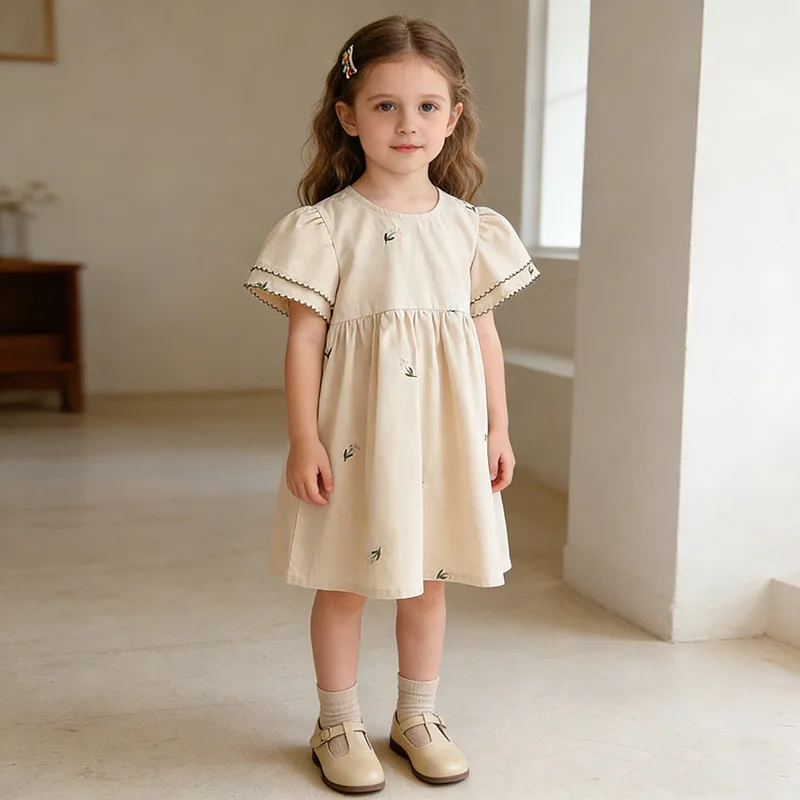 

HOT Girls Summer Princess Dress Embroidered Ruffle Edges Sweet Children's Clothing Baby Girl Dress New Arrival Female Kids Dress