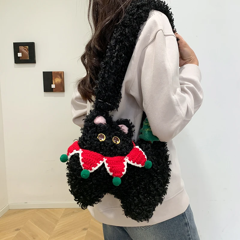 Cute Cat Handbag Fashion Casual Cartoon Plush Shoulder Bag For Women 2025 Japanese Style Kawaii Crossbody Bag Small Phone Purse