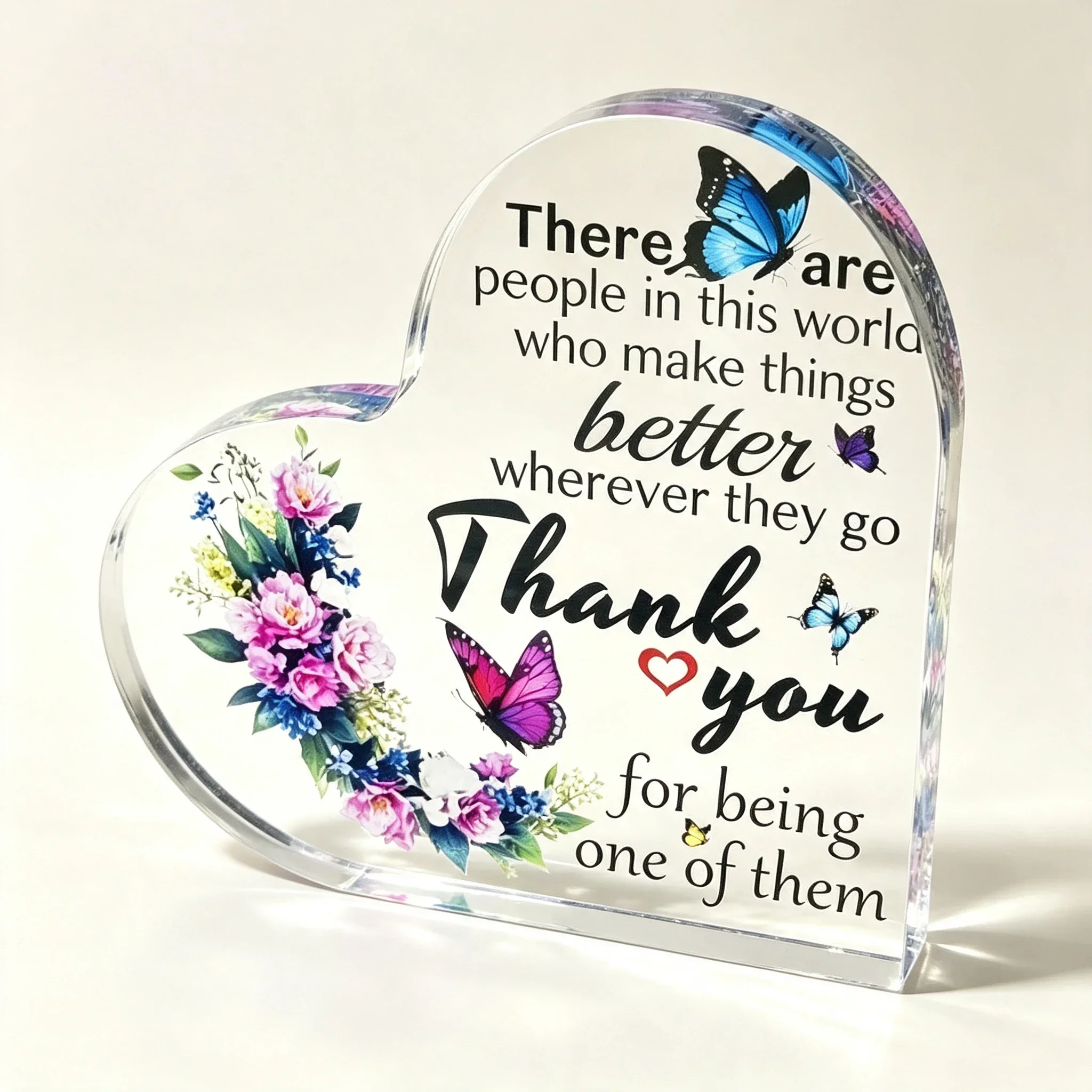 Heart Acrylic Plaque Thank You Floral Butterfly Decor Gift For Friend Colleague,Colorful Butterfly Flower Acrylic Heart Keepsake Gratitude Appreciation Gift