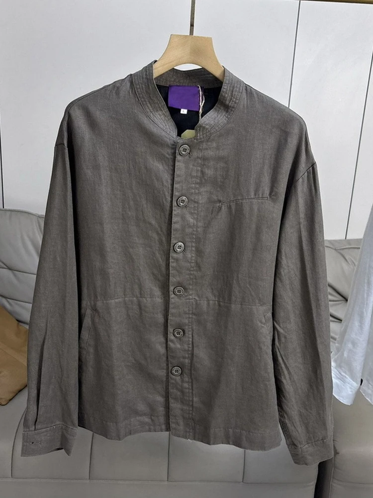 

Мужской свободный повседневный винтажный кардиган-рубашка с воротником-стойкой, полностью льняной, для весны и осени, дышащий, комфортный, классический