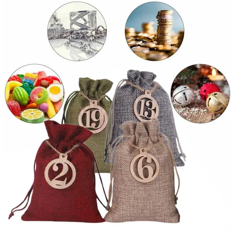 2024 New Arrival Christmas Advent Calendar Bags with Paper Sticker Reusable Drawstring Candies Cookies Gifts Bag