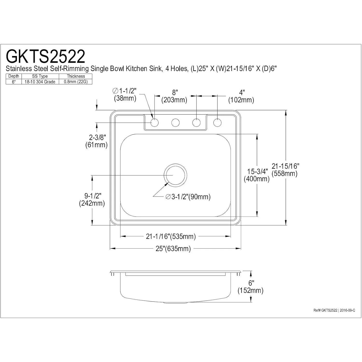 Gourmetier GKTS2522 22 مقياس، 4 فتحات، حوض مطبخ فردي ذاتي الحواف من الفولاذ المقاوم للصدأ، فولاذ مقاوم للصدأ مصقول