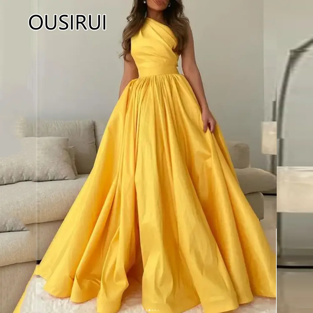 

OUSIRUI Women One Shoulder Satin Solid Pleated A-line Evening Party Dress Backless Train Evening Prom Gown vestidos de festa