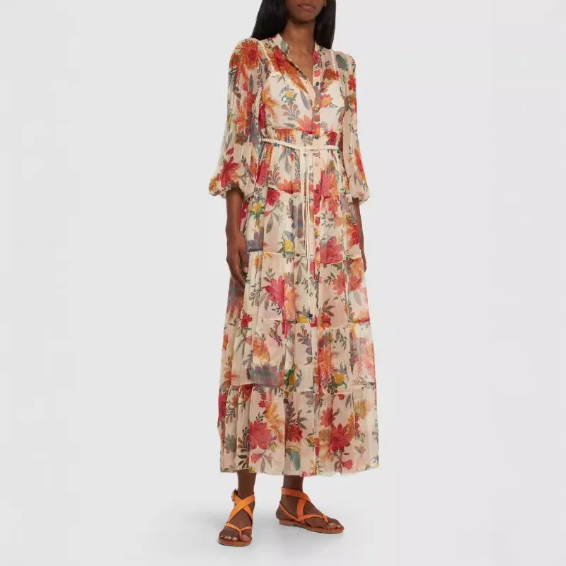 

2025 Fashion Print Long Sleeve Polo Neck Tie Belt Dress Women Custom Suit