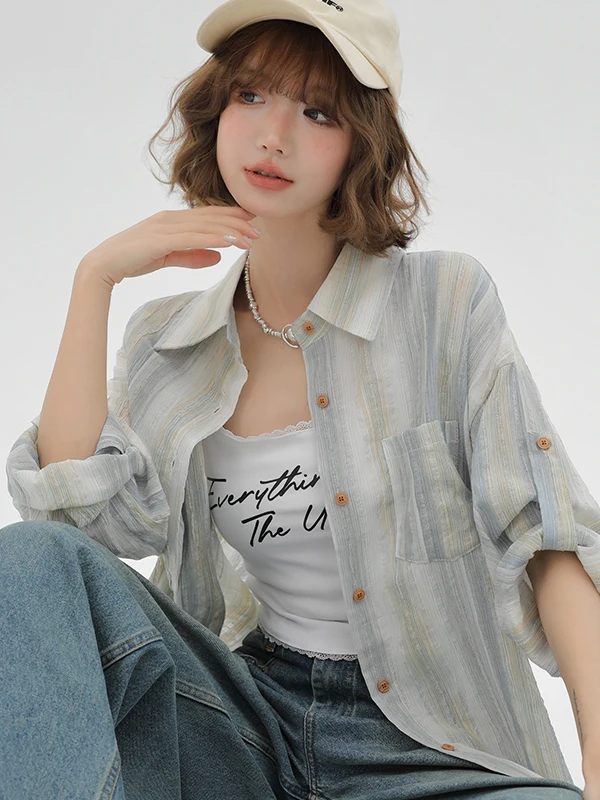 

Women's Striped Long Sve irt Spring Autumn Thin Color Blo Loose Versatile Sun Protection Outerwear Top Cotton Linen Blend