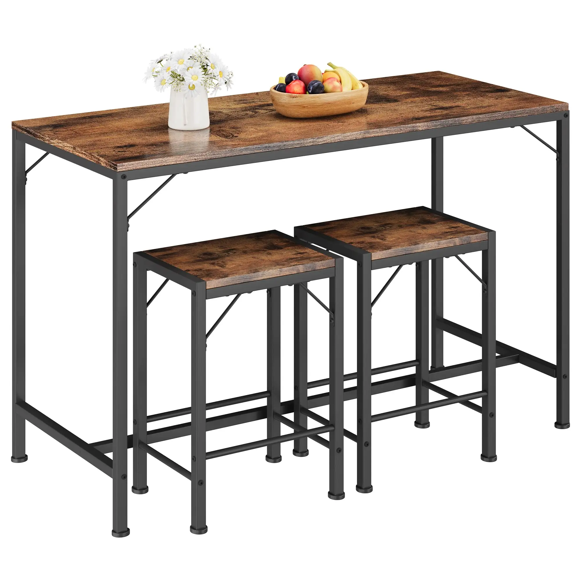 

Rustic Brown Bar Table With 2 Stools Industrial Chic Pub Set For Kitchen Breakfast Nook Living Room Small Space