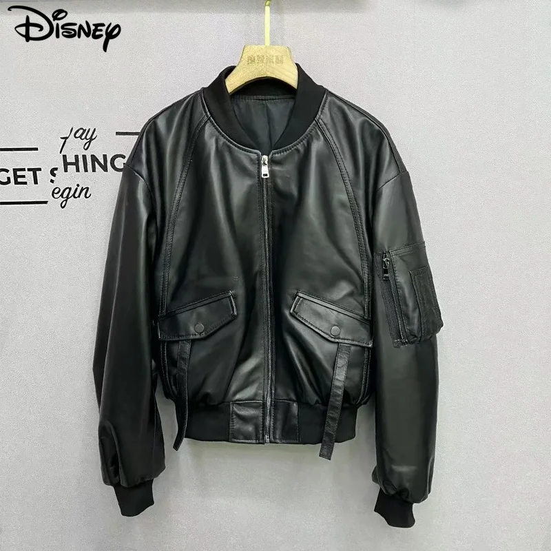 Disney 2024 New Arrival real Sheepskin Top Fashion Embroidery Mickey Mouse Casual Bomber Loose Cardigan Coat Baseball Jacket