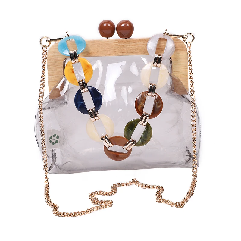 Transparent Women\'s Shoulder Bag Wooden Clip Handbag Designer Chain Crossbody Bags Summer Beach Clutch Female Purse Evening Bag