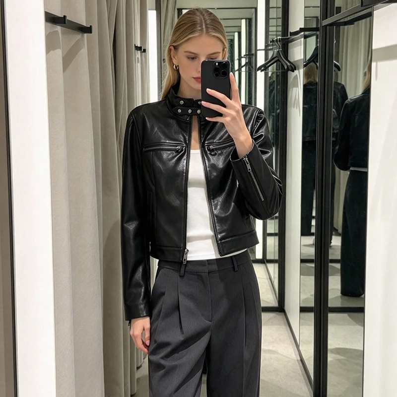 Women Cropped Faux Leather Moto Jacket High Buckle Stand Collar Zip‑up Biker Coat Zip Chest Pockets Short Chic Pu Y2k Outerwear