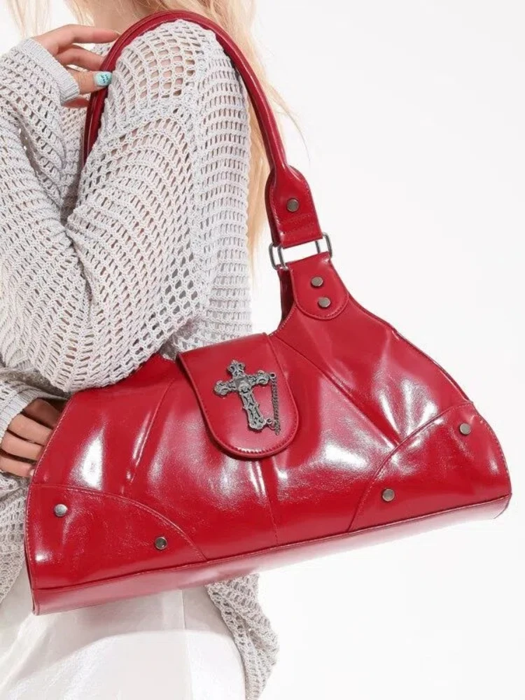 

Y2K Punk Women's Patent Leather Tote Bag with Cross Decor Large Capacity Shoulder Handbag for Daily Commute And Shopping