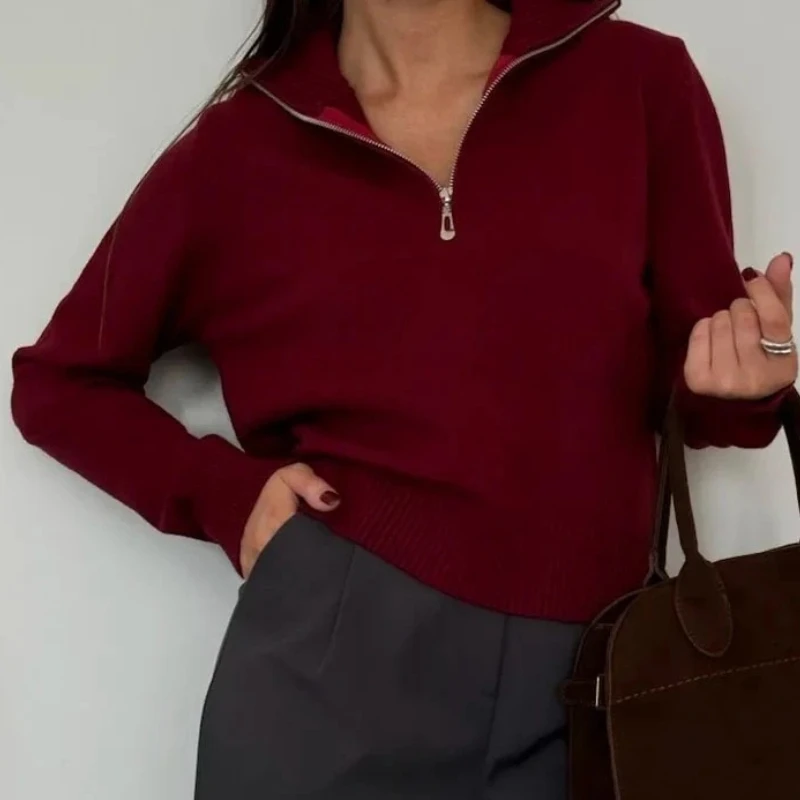 

2025 Solid Color Loose Half Zipper Half High Collar Sweater for Women