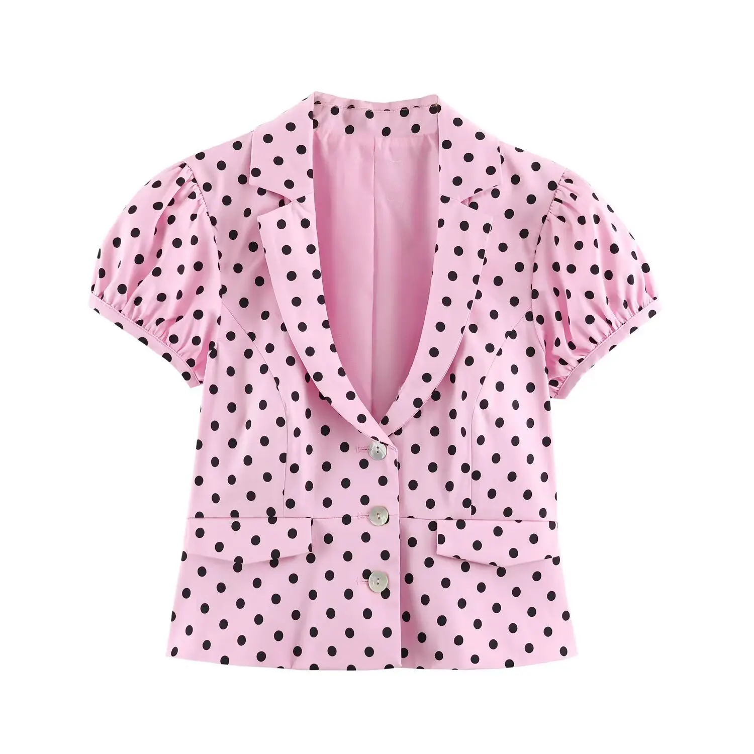 Pink Black Polka Dot Cropped Blazer Lapel Collar Puff Short Sleeve Three Buttons Sweet Vintage Women Summer Casual Outerwear