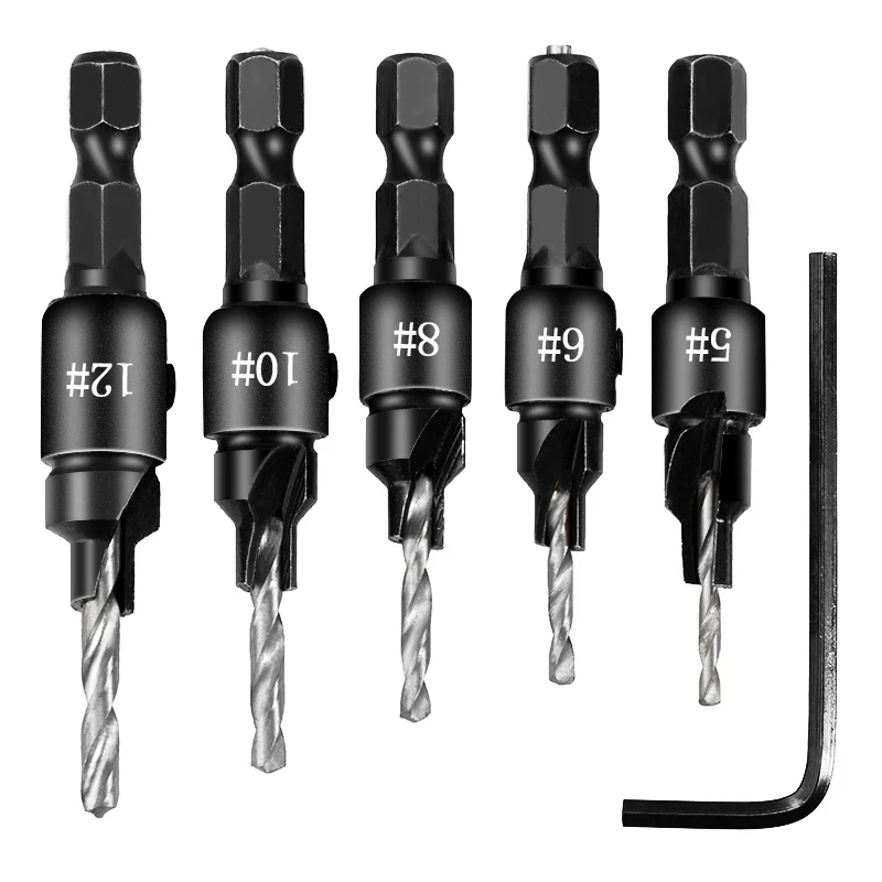 1/4 hex shank Countersink Drill Woodworking Drill Bit Set Drilling Pilot Holes For Screw Sizes #5 #6 #8 #10 #12