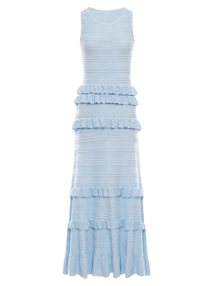 Slim Fit Ruffles Hem Lady Layered Stringy Selvedge Midi Robe Women 2025 Spring Sleeveless O-Neck Striped Knitted Long Tank Dress