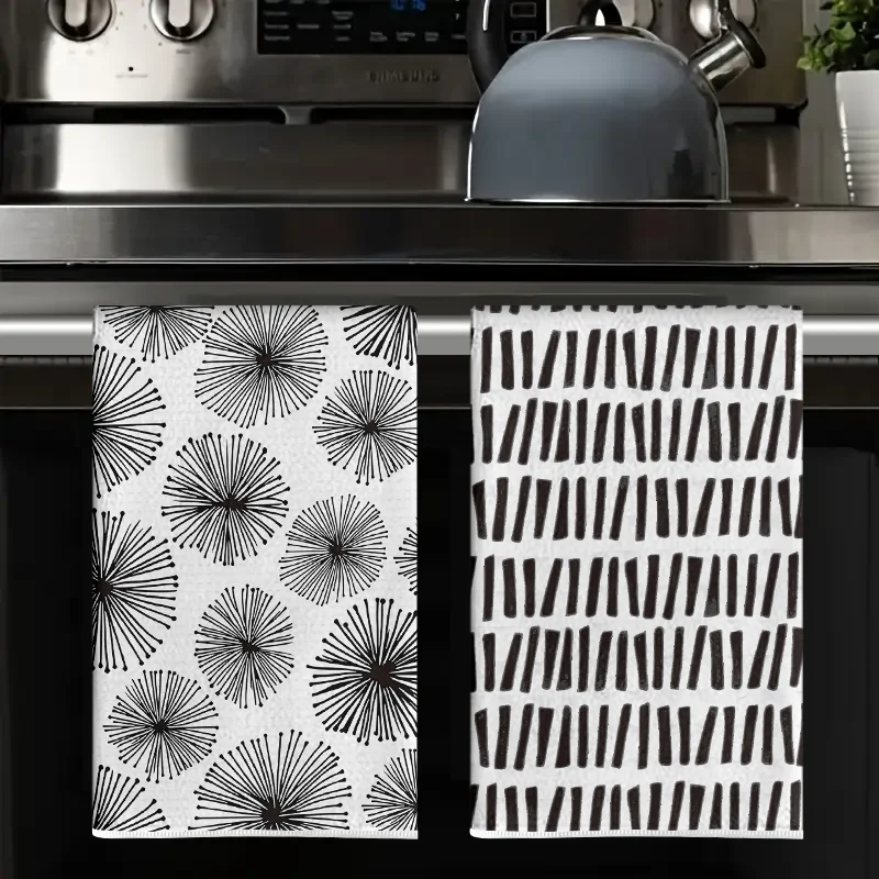 2Pcs, Black and White Abstract Double-Patterned Kitchen Towels, 40Cm*60Cm Towel Set, Super Absorbent Soft Cleaning Cloth, Cooking and Baking Tea Towel, Hand Towel, Cleaning Cloth, Dishwashing Cloth, Kitchen Decoration, Living Room Decoration, Kitchen Essentials, Home Essentials