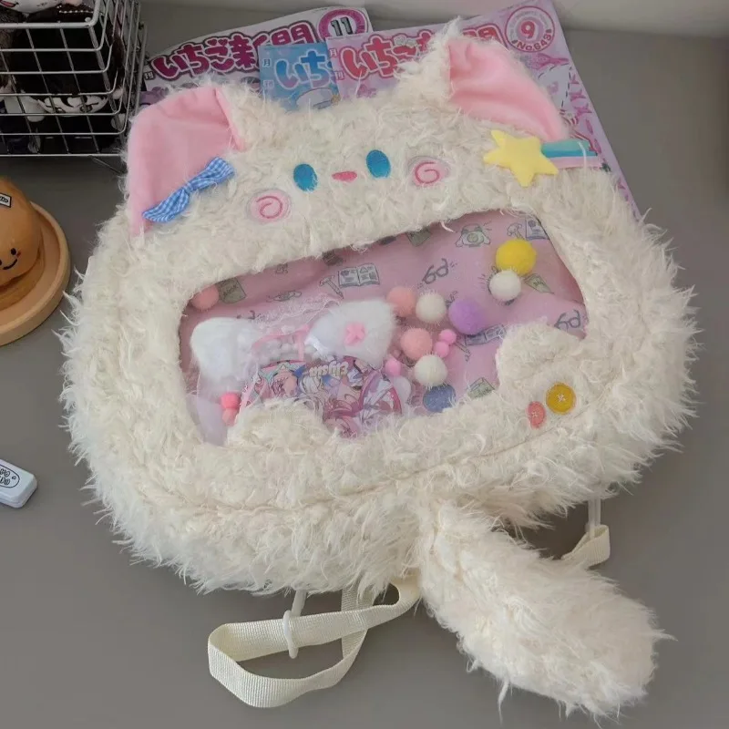 Xiuya Katze Umhängetasche für Frauen Plüsch Süße Mode Y2k Kleiner Rucksack Japanischen Stil Transparent Casual Lolita Weibliche Ita Tasche