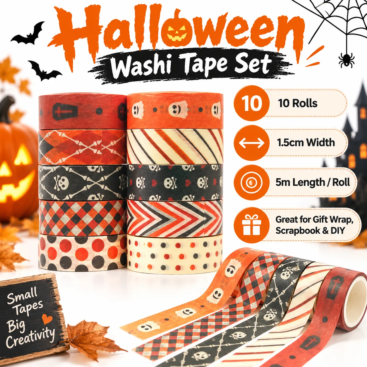 10 Rolls Halloween Washi Tape Set, Vintage Skull Ghost Pattern, Decorative Tape For Scrapbooking Journaling Diy Gift Wrapping
