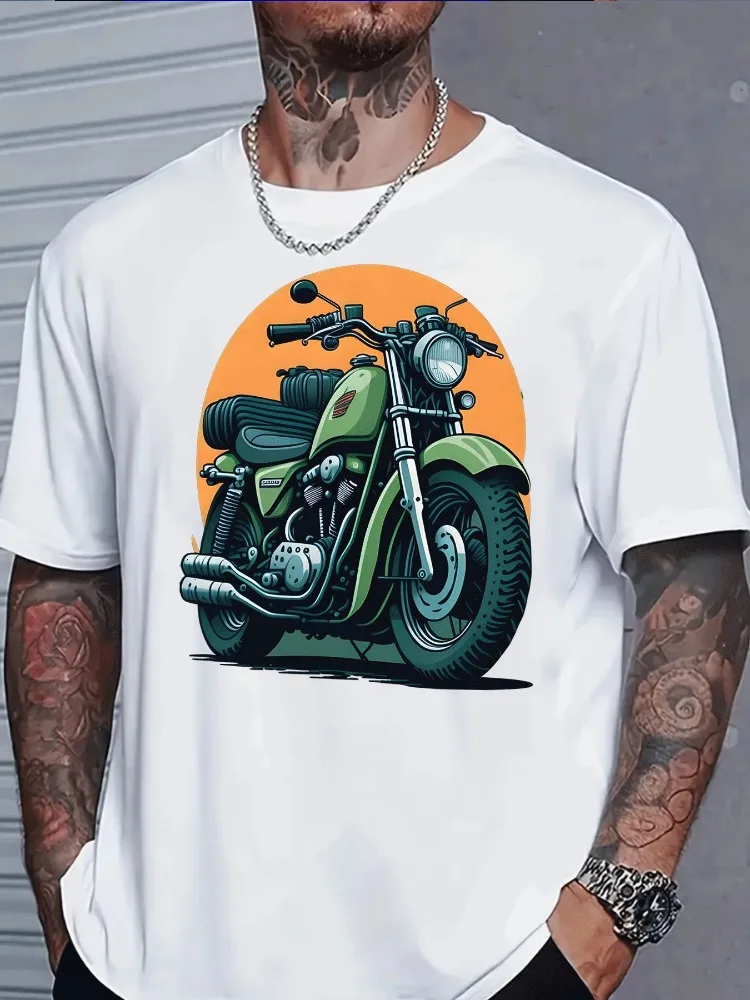 Summer Mens Tee Retro Motorcycle Graphic Short Sleeve Casual Street Top for Biker Rider Male Daily Fashion Wear Tops