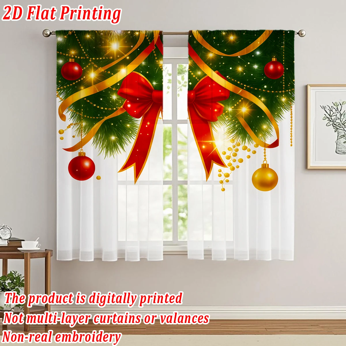 Tenda trasparente da cucina con stampa piatta natalizia con ramo di pino con fiocco a sfera di buon Natale per feste di decorazioni per la casa di Natale