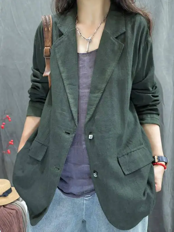 

Приталенный хлопково-льняной жакет на пуговицах с длинными рукавами, тонкий, повседневный, весенне-летний, больших размеров, для женщин