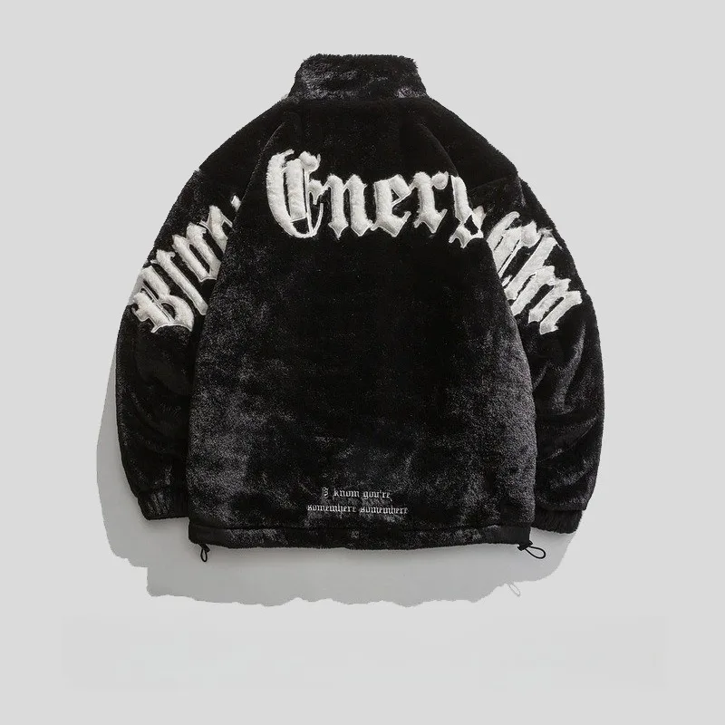 Men's High Street Letter Embroidered Plush Stand Up Collar Jacket Winter Thick Warm Oversized Loose Zipper Coat Y2k Streetwear