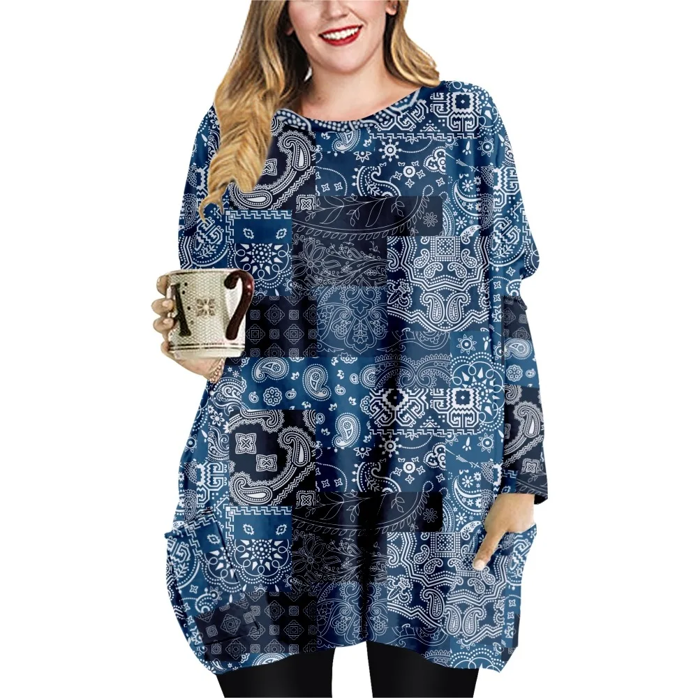 NEW Pattern Stitching Print Spring Autumn Loose Casual Style Ladies T-shirt Double Pocket Dress Round Neck Long Sleeve Dress-