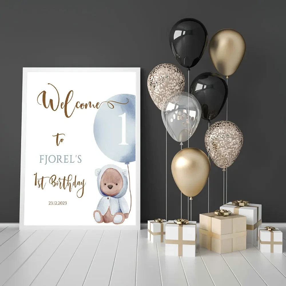 Bear Balloon Birthday Welcome Party Poster Baby Shower Custom Art Print Canvas Painting Baptism Wall Picture Personalise Decor