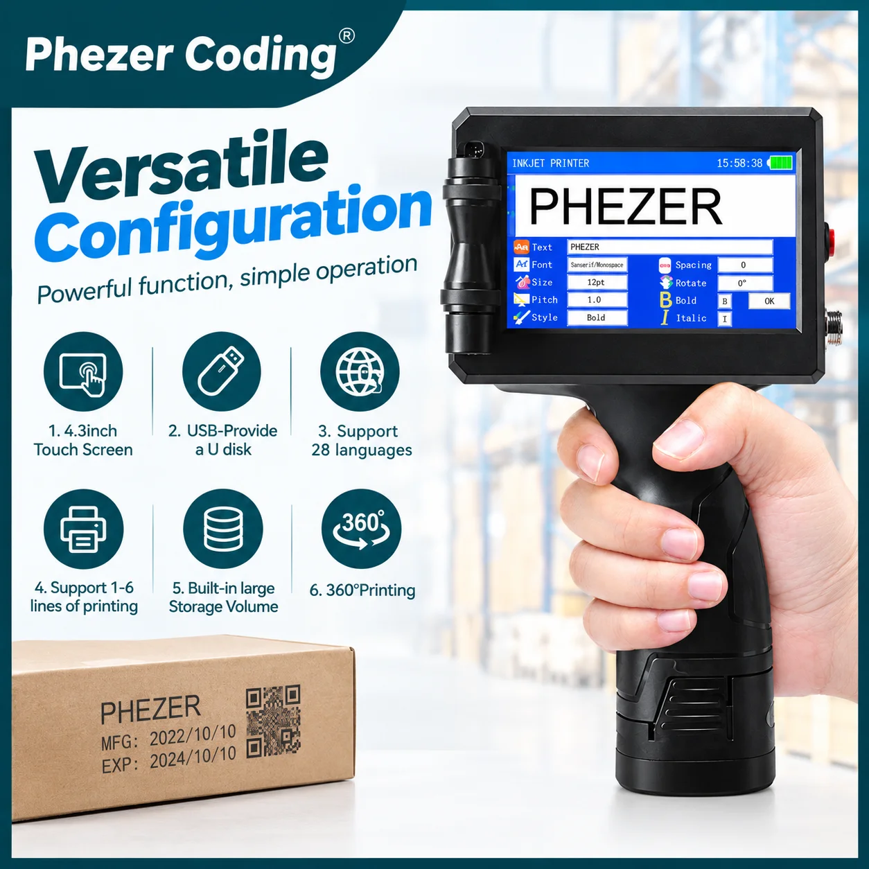 Phezer P15 12.7/25.4mm Handheld Inkjet Printer 28 Languages QR Code Barcode Batch Code Date Marking Expiration Date Coder