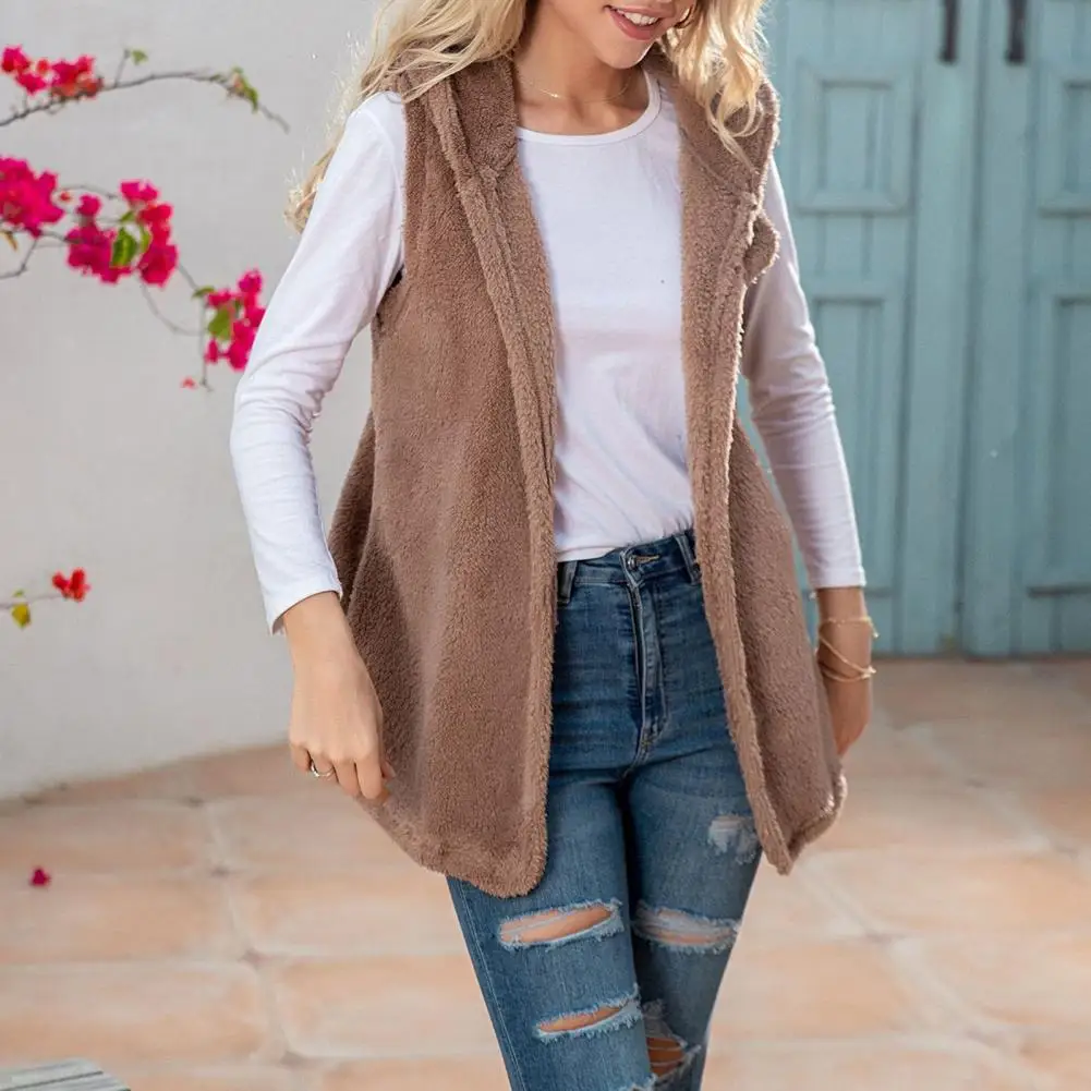 Women Winter Vest with Hood Mid Length Cardigan Faux Fur Waistcoat Solid Color Sleeveless Thick Keep Warm Coat for Daily Wear Ou