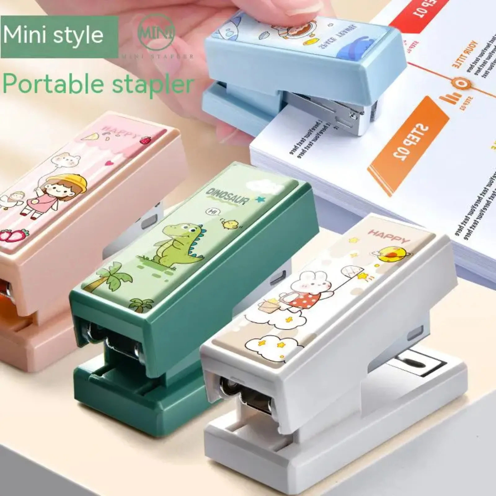 Kawaii kartun hewan Mini portabel Stapler Set dengan 400 buah Staples kertas Binder alat tulis kantor mengikat alat