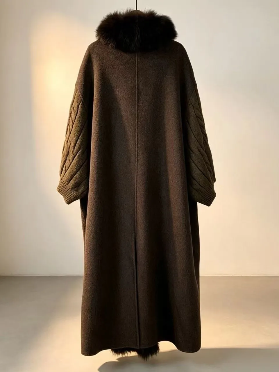 New Luxury Winter Real Natural Fox Fur Collar Woolen Blends Knit Long Overcoats Women Loose Warmth Cashmere Fur Jacket