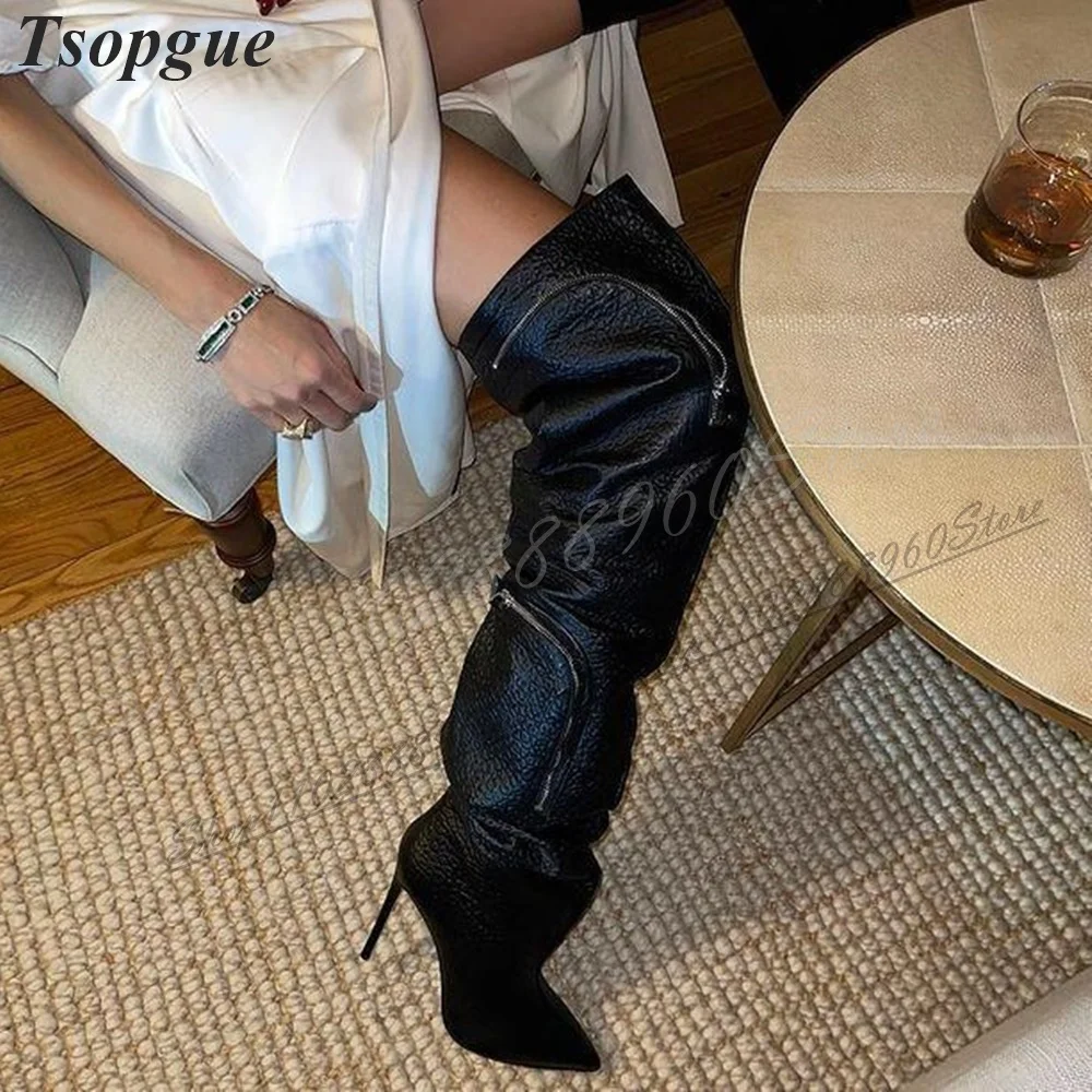 

Plus Size Thigh High Black Pocket Decor Boots Thin High Heel Women Shoes Slip On Pointed Toe 2024 Fashion Zapatos Para Mujere