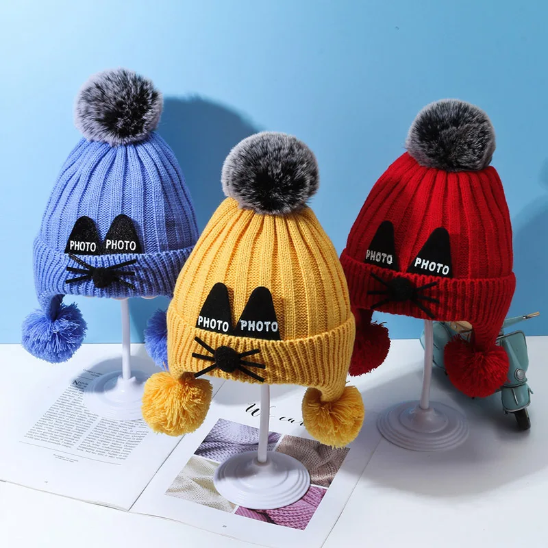 Cute Ear Protection Hat For Kids Baby Warm Beanies Boys Winter Thicken Knitted Hats Fashion Girls Double Ball Cap