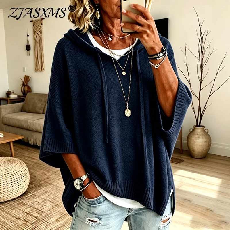 New Autumn Winter Women's Solid Sweaters Fashion Drawstring Hooded Pullovers Vintage Batwing Sleeve Oversized Loose Knitted Tops