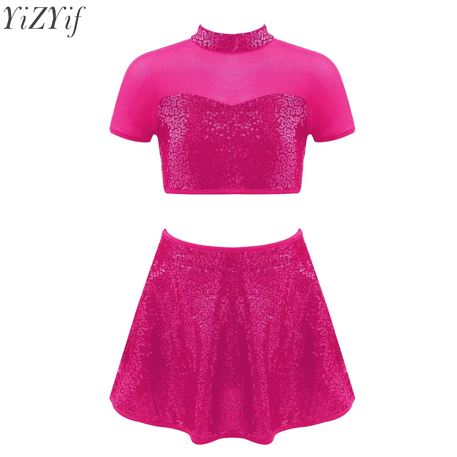 Kids Girls Sequins Ballet Dance Sets Crop Top with Skirted Shorts Set for Latin Jazz Figure Skating Costume Stage Performance