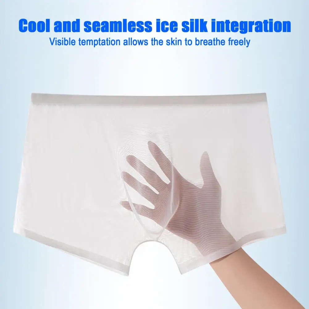 Sexy Ice Silk Men's Mesh Transparent Convex Pouch Underwear Summer Slim Male Seamless Boxers Bottoms Lightweight Underclothes