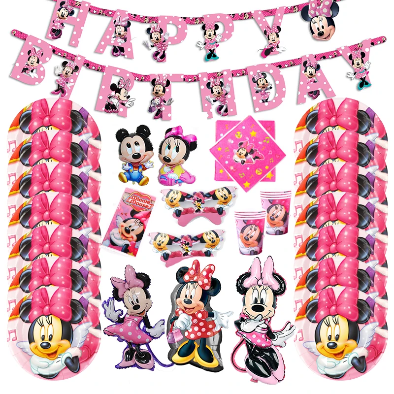 Disney Pink Minnie Mouse Birthday Party Decorations Disposable Tableware Tablecloth Balloon 1st Baby Shower Girls Party Supplies