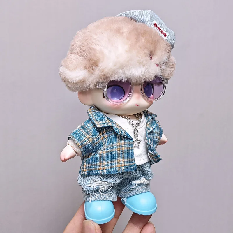 Für Dimoo Puppenkleidung, Sommer, blau kariertes Hemd, 6-teilig, modisches Trend-Einstellungs-Outfit, Baumwoll-Puppenkleidungszubehör