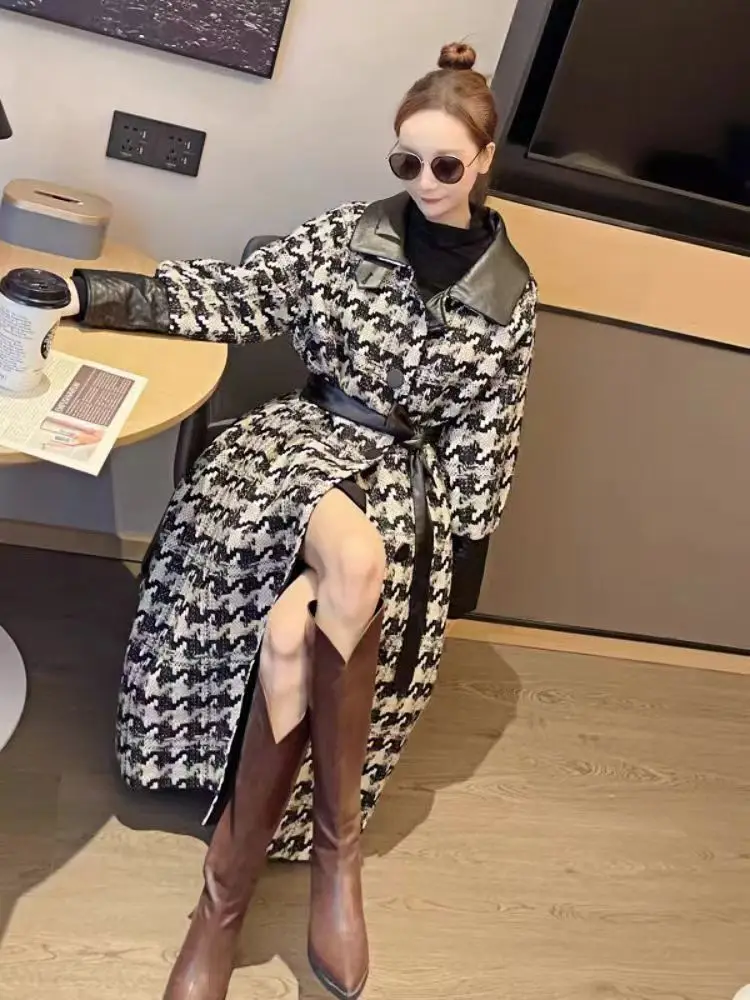 Qianniao-Checkered Coat for Women, Fashionable and Stylish Jacket, Mid Length, Plush and Thick, Small Checkered Coat, Spring and