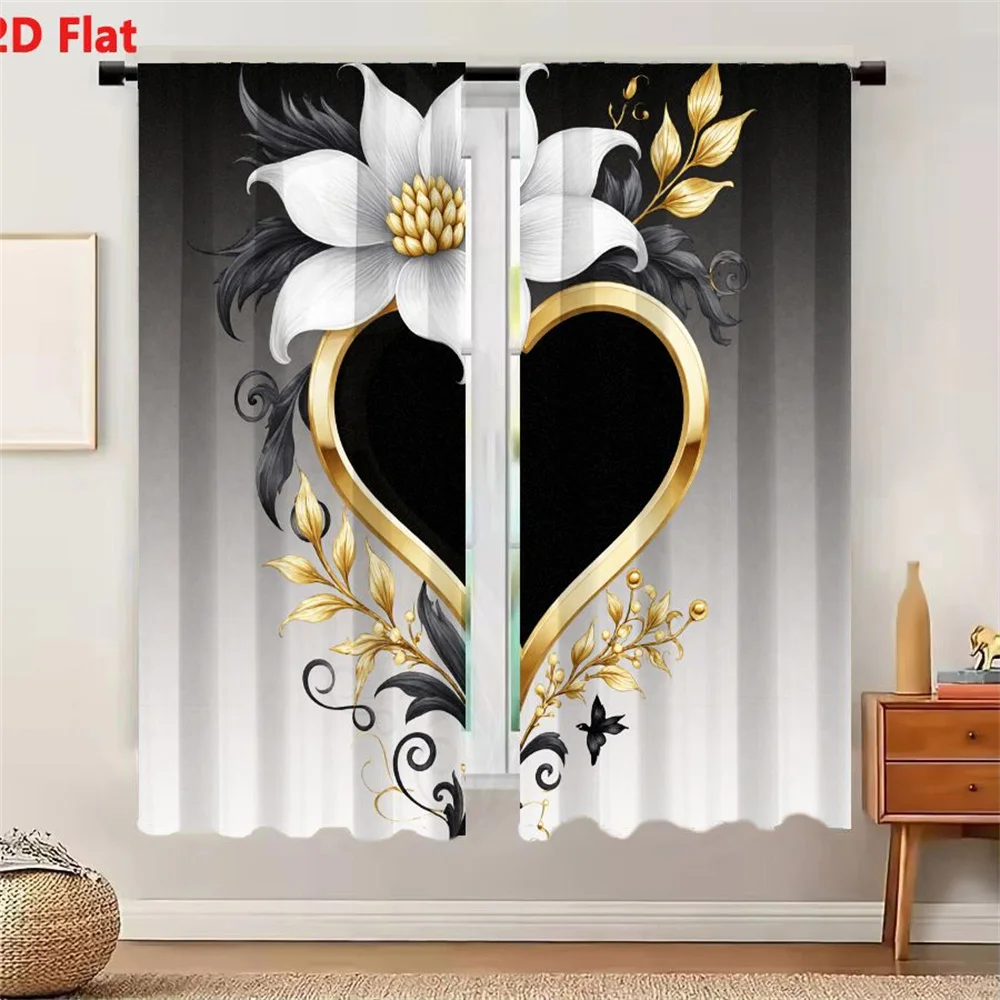 2Pcs Curtains 2D Flat Ornate Artistic Design Black Heart With Gold Border White Lily And Golden Accents Decorative Leaves Butter