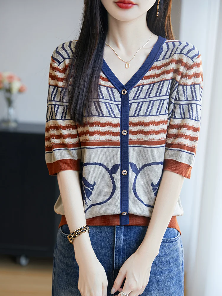 Verão fino decote em v retro chique estampado contrastante cardigan para mulher high-end 100% navio viajando camisa de manga curta