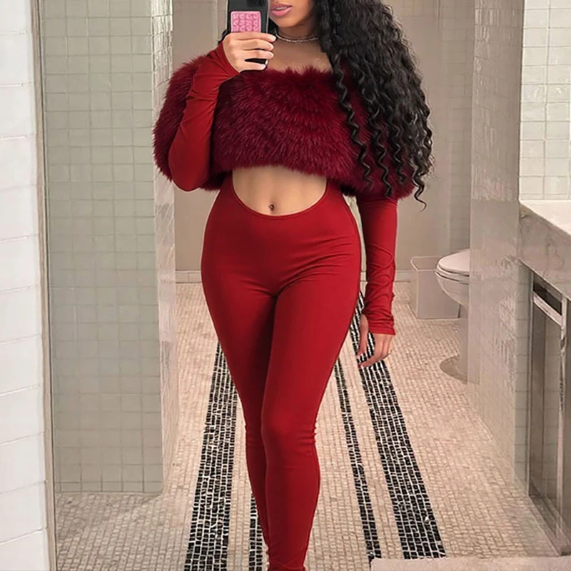 

OMSJ Women's 2025 Luxury Sexy Party One Piece Jumpsuit Faux Fur Patchwork Slash Collar Hollow Backless Tight Fit Fashion Rompers