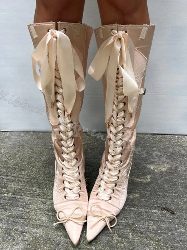 

Satin Lace-Up Knee High Boots Bows Belt Buckle Elegant Fashion Sweet Dress Women Shoes New Pointed Toe Kitten Heels Solid Color