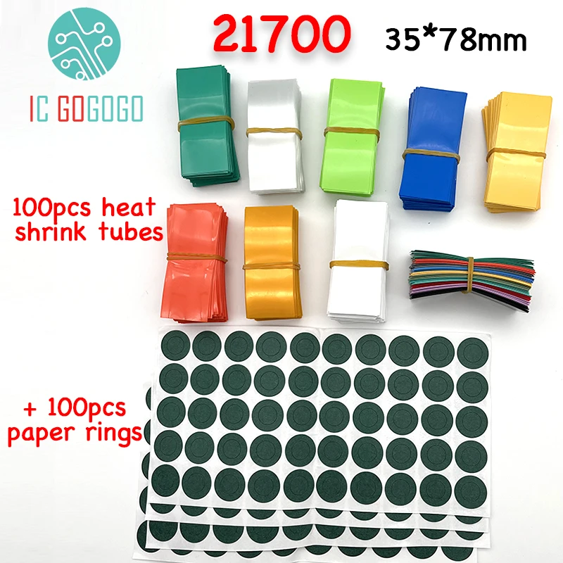 100pcs 21700 Battery Wrap Sleeve Heat Shrink Tube + 100pcs Barley Paper Rings Shrinkable Insulated Skin PVC FilmTape Cover Pipe