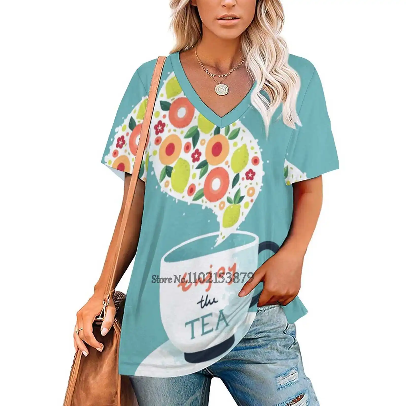 Enjoy The Tea Woman Tshirts Printed Tops Zipper V-Neck Top Fashion Graphic T Shirt Tea Cup Floral Fruit Color Calm Nursery Text