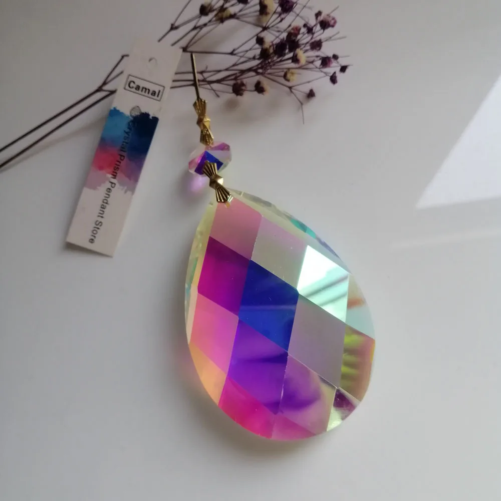 

Camal 1pcs 76mm Grid AB Color Suncatcher Crystal Prisms Pendant W/ Octagon Chandelier Lamp Lighting Parts Party Home Decoration