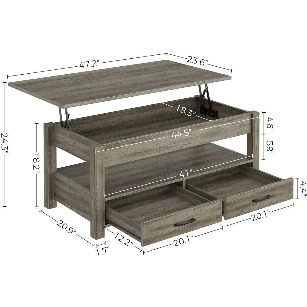 XMSJ Coffee Table with Drawers and Hidden Compartments, Vintage Central Table with Wooden Lifting Top, for Living Room