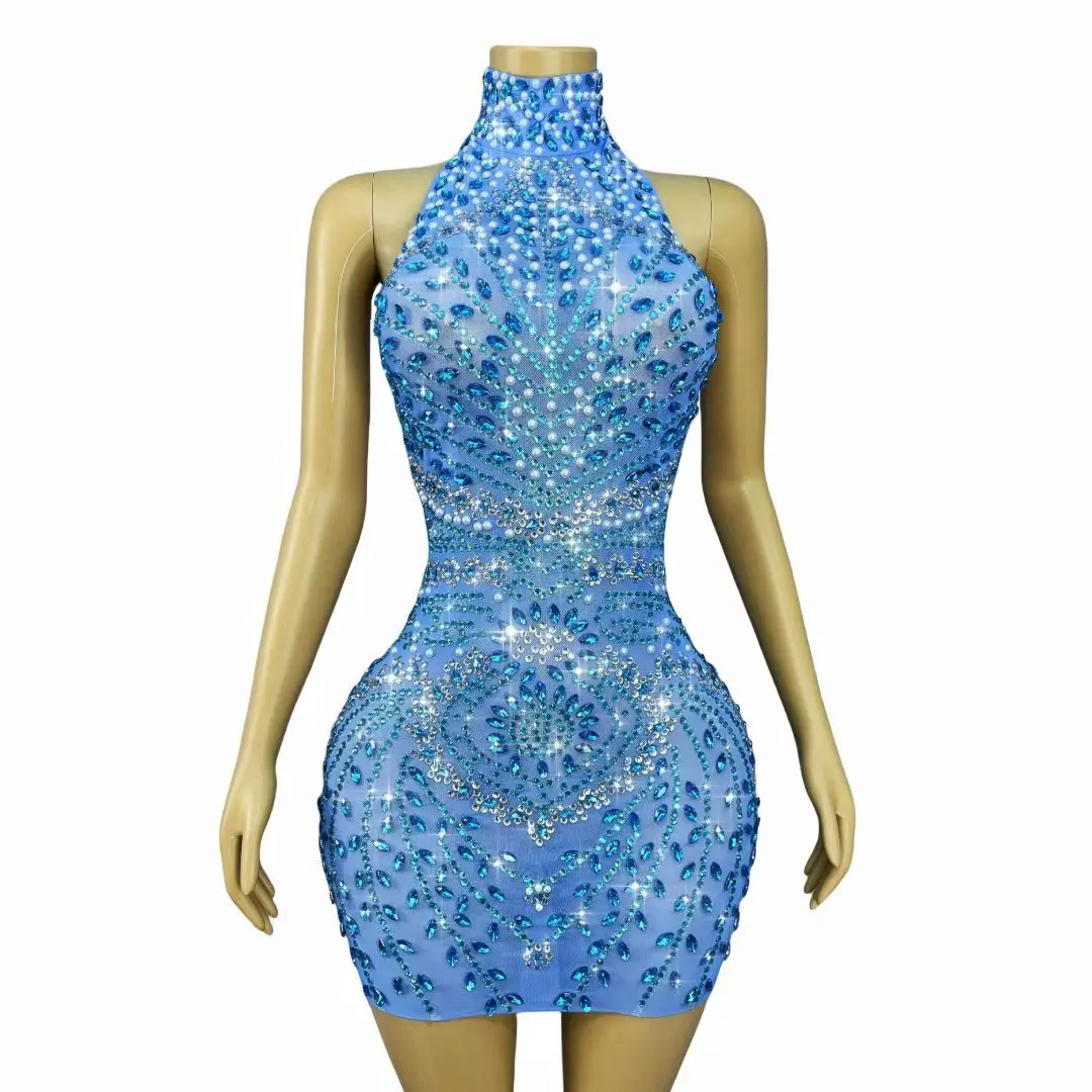 Frauen Luxus Blau Strass Perlen Drucken Mesh Halter-Backless Bodycon Mini Kleid Hohe Elastische Promi Abend Club Party
