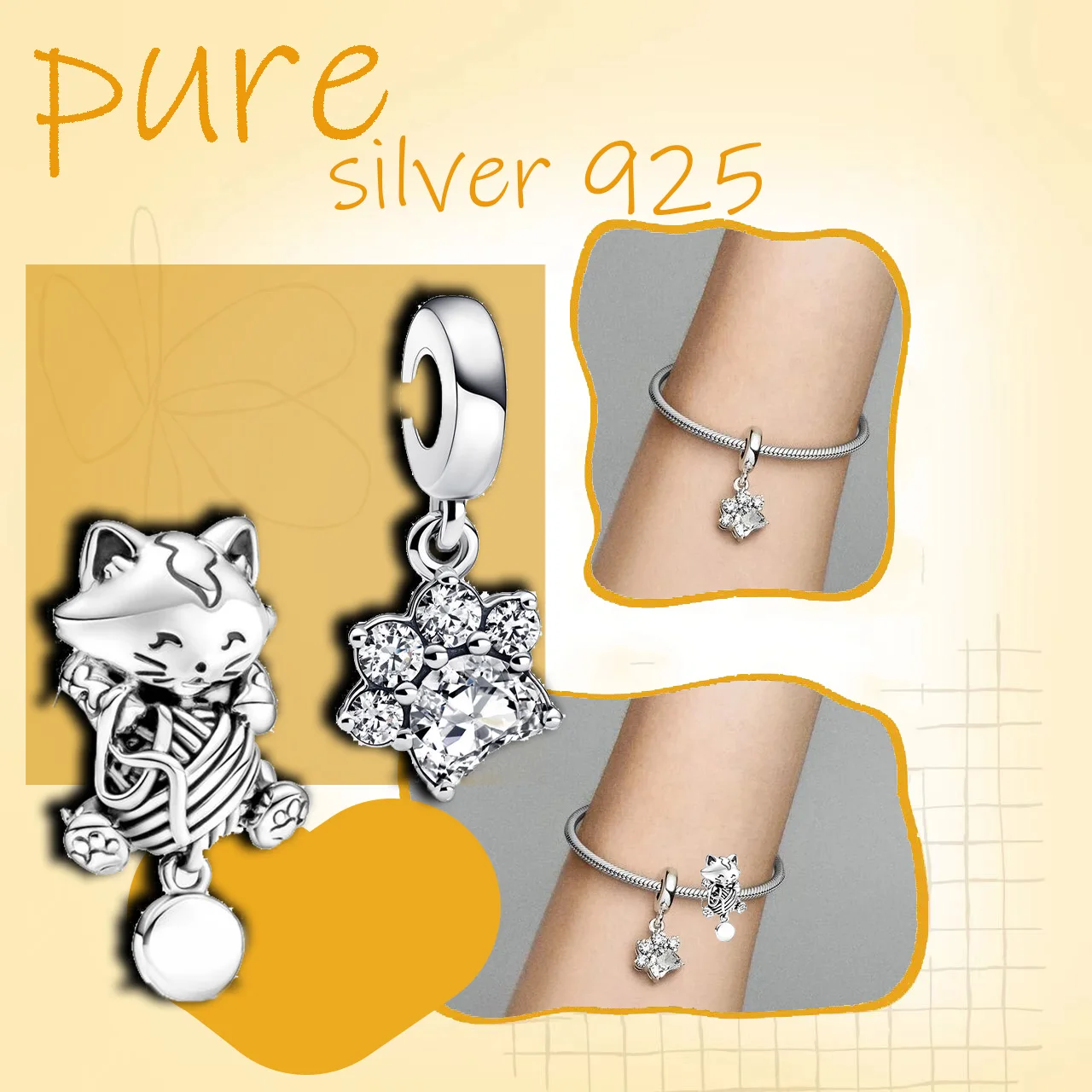

Danish cute and exquisite cat sterling silver bracelet pendant S925 women's pendant as a gift for girlfriends